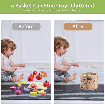 WHOHOLL Wooden Play Food for Kids Kitchen Playset, Play Kitchen Accessories Pretend Cutting Food Montessori Toys for 2+ Year Old with Basket, Toy Food for Fine Motor Skills