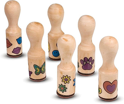 Melissa & Doug Happy Handles Wooden Stamp Set: 6 Stamps and 6-Color Stamp Pad With Washable Ink, Easy To Hold Stampers For Kids Ages 4+
