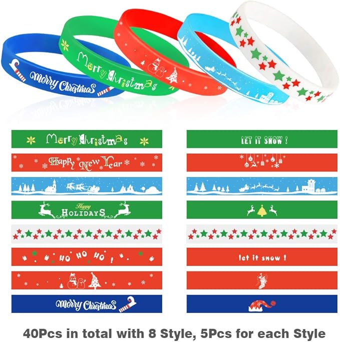 Coogam 40PCS Christmas Silicone Bracelets, Xmas Rubber Wristbands Accessories Gift for Kids Adults Stocking Stuffers, New Year Holiday Decoration Wrist Band Party Supplies Favors