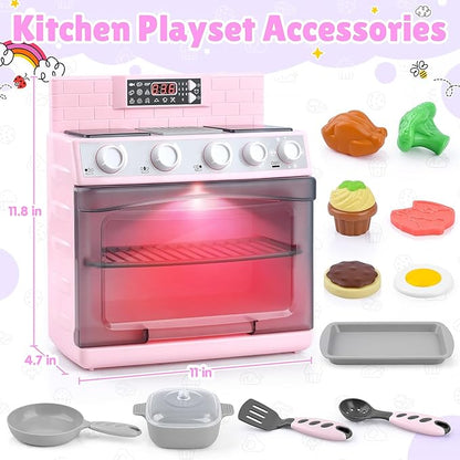 PLAY Toy Oven Kids Kitchen Playset, Kids Play Kitchen Set with 11 Accessories, Realistic Cooking Sounds ＆ Lights, Pretend Play Oven Toddler Cooking Gift Set for Girls Boys Ages 3+