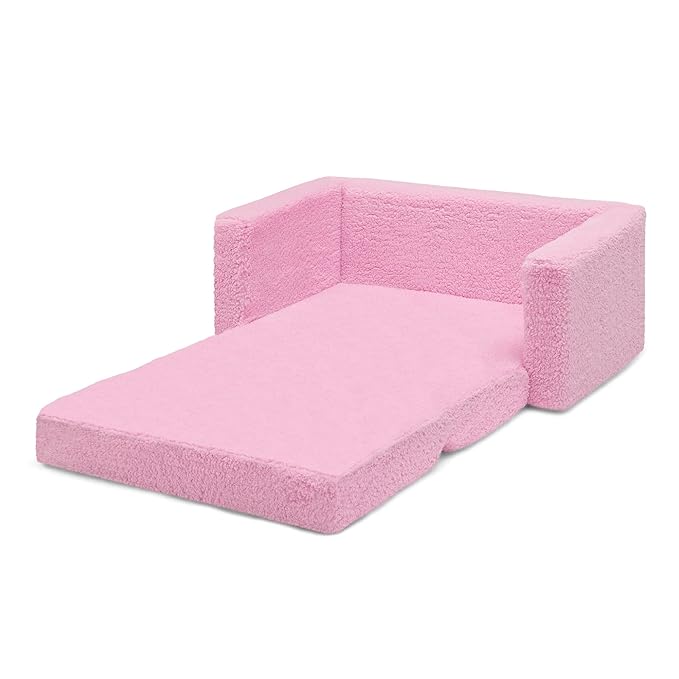 Delta Children Cozee Flip-Out Sherpa 2-in-1 Convertible Sofa to Lounger for Kids, Pink