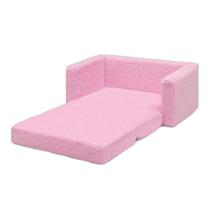 Delta Children Cozee Flip-Out Sherpa 2-in-1 Convertible Sofa to Lounger for Kids, Pink