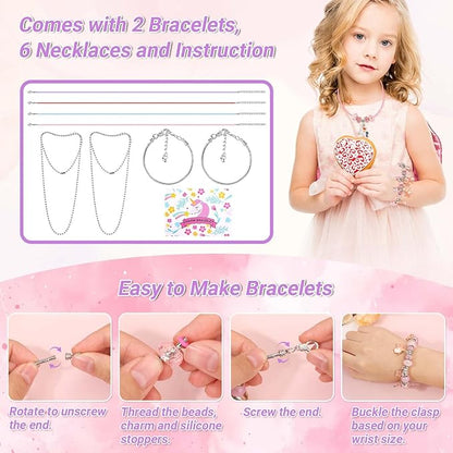 LifeisLuck Charm with Bracelet Making Kit, Jewelry Making Kit for Girls DIY Bead Necklace Kit with A to Z Bracelet Box Unicorns Crafts Arts Girls Toys Age 8-12 Birthday Gifts for Kids - M