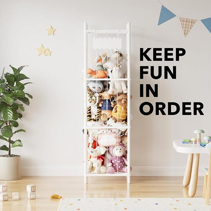 SpaceAid Stuffed Animal Storage Organizer, Wood Animals Zoo Toy Plushies Storage Holder, Large Capacity Plush Toy Cage for Playroom Organization, 15.8" Wide, White