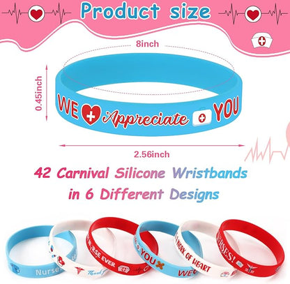 JUNEBRUSHS 42pcs Thank You Nurse Party Favors Silicone Bracelets Graduate Inspirational Rubber Wristbands Accessories for Nurse Appreciation Week Decorations Party Favors Supplies(6 Designs)