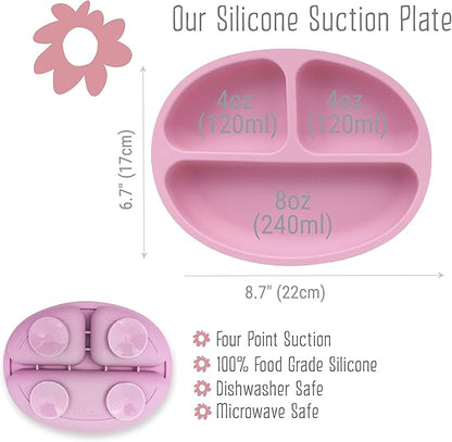 Elk and Friends Silicone Suction Plate for Babies/Toddlers + Stainless Steel Silverware Feeding Set | Divided Plate | Suction Design | Forks + Spoons Included | 3 Pack