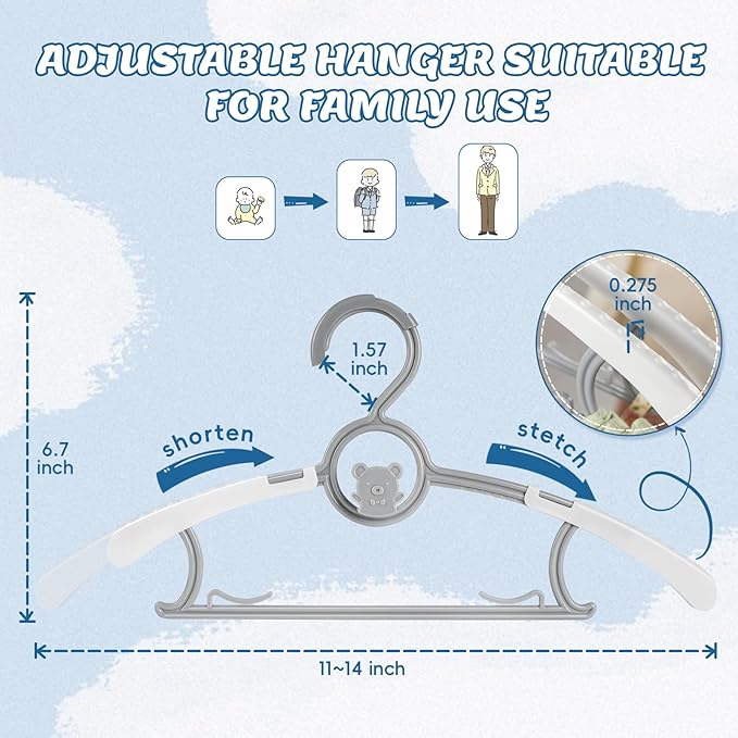 Kids Hangers 80 Pack Baby Hangers, Extendable & Adjustable Kid Hangers， Non-Slip Plastic Baby Clothes Hangers for Kids Infant Child - Stackable Hangers for Baby Clothes Grey Toddler Hangers