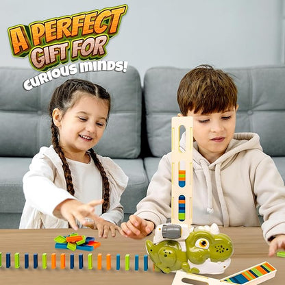 Atlasonix Dino Domino Train - 220 Dinosaur Dominoes Set for Boys & Girls - Birthday Gift Ages 3-10 - Montessori Jurassic T-Rex Toy with Automatic Rally Setter - Block Laying Machine
