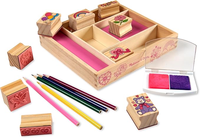 Melissa & Doug Wooden Stamp Set: Friendship - 9 Stamps, 5 Colored Pencils, and 2-Color Stamp Pad - FSC Certified
