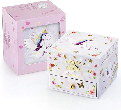 RR ROUND RICH DESIGN Kids Musical Jewelry Box for Girls with Drawer and Jewelry Set with Brave Unicorn - Beautiful Dream Tune Purple