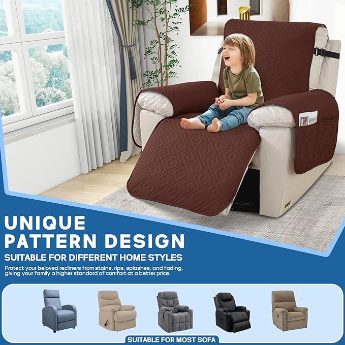 XINEAGE 100% Waterproof Recliner Cover, Non Slip Recliner Chair Cover with Elastic Band, Washable Recliner Slipcover with Storage Pockets for Kids, Pets (Coffee, 28")