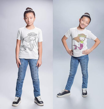 Coloring Shirt for Girls - Kit with 10 Fabric Markers and Alphabet Stencil (Mermaid, 10/12)