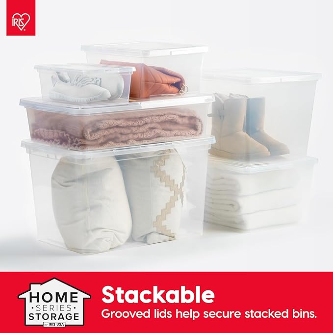 IRIS USA 4-Pack Storage Bins with Lids, 25 Quart, Clear Stackable Containers Box Organize Shoes Closet Shelves Clothes Blankets Towels - BPA-Free Plastic