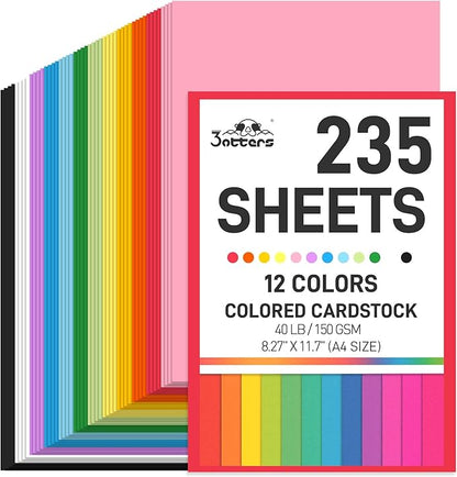 3 otters 235Sheets 8.27" x 11.7" Construction Paper Assorted Colors, 12 Colored Cardstock Printer Paper, for Printing, DIY Crafts, Party Decorations, Teacher Kids Classroom Must Have, 40 lb/150 GSM