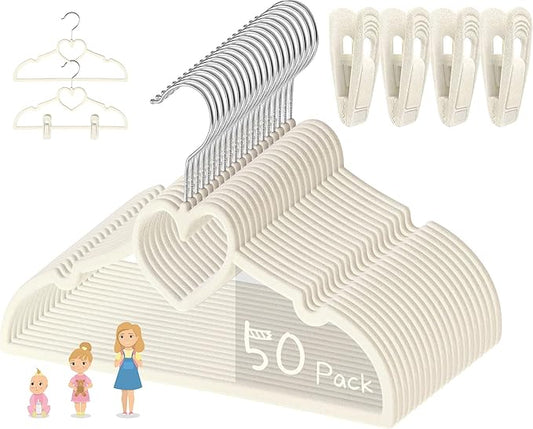 Beige Heart Velvet Baby Hangers - 50pack 13inch Toddler Hangers with 20pcs Clips,Ultra Slim and Stackable Space Saving