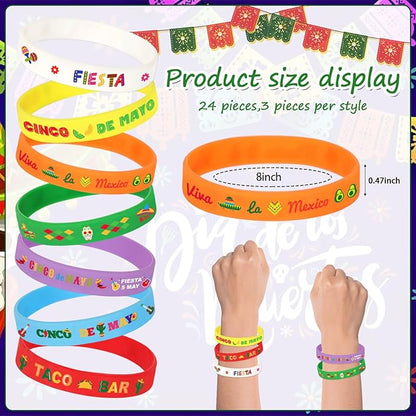 JUNEBRUSHS 42pcs Mexican Fiesta Silicone Bracelets Cactus Guitar Hat Rubber Wristbands Party Favors Accessories for Mexican Fiesta Birthday Party Decorations Gift (7 Designs)