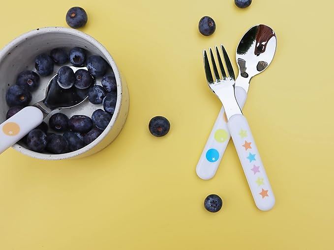EXZACT Kids Flatware 6pcs Stainless Steel 18/10 Toddler Utensils Flatware- 3 x Forks, 3 x Spoons- BPA Free, Dishwasher Safe - 12 M+ - Stars & Dots