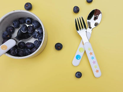 EXZACT Kids Flatware 6pcs Stainless Steel 18/10 Toddler Utensils Flatware- 3 x Forks, 3 x Spoons- BPA Free, Dishwasher Safe - 12 M+ - Stars & Dots