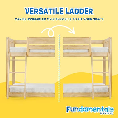 Max & Lily Fundamental Twin Low Bunk Bed, Kids Solid Wood Modern Bed Frame with Strong Wooden Slats, Non-Toxic Finishes, High Weight Capacity, Natural