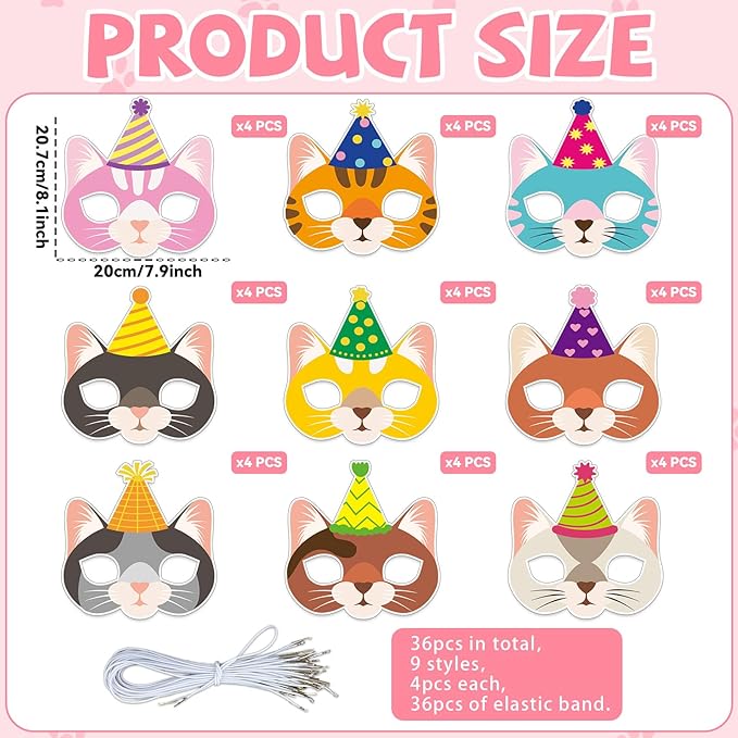 Lonfliness 36 Set Cat Coloring Mask Animal Paper Arts Crafts Kids Color Your Own Birthday Cat Blank DIY Mask Masquerade Birthday Party Dress-Up Decoration Favor School Classroom Activity Game Supplies