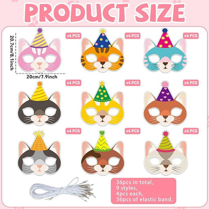 Lonfliness 36 Set Cat Coloring Mask Animal Paper Arts Crafts Kids Color Your Own Birthday Cat Blank DIY Mask Masquerade Birthday Party Dress-Up Decoration Favor School Classroom Activity Game Supplies