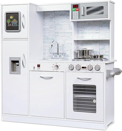 Lil' Jumbl Kids Kitchen Set, Pretend Wooden Play Kitchen, Battery Operated Icemaker & Microwave with Realistic Sound, Pots & Pan Included - White