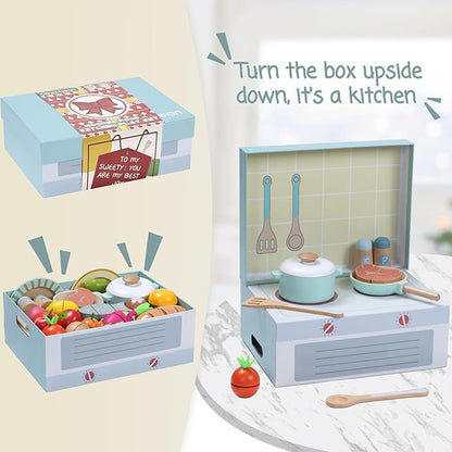 Giant bean Wooden Play Food Set, Play Kitchen Accessories, 78 PCS Pretend Cooking Set, Vegetables Fruits Cutting Toys, Dishes, Educational Toddler Toys