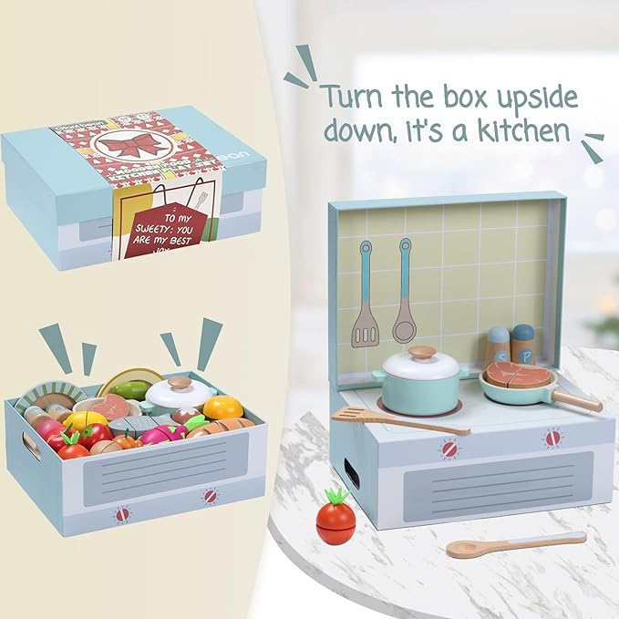 Giant bean Wooden Play Food Set, Play Kitchen Accessories, 78 PCS Pretend Cooking Set, Vegetables Fruits Cutting Toys, Dishes, Educational Toddler Toys