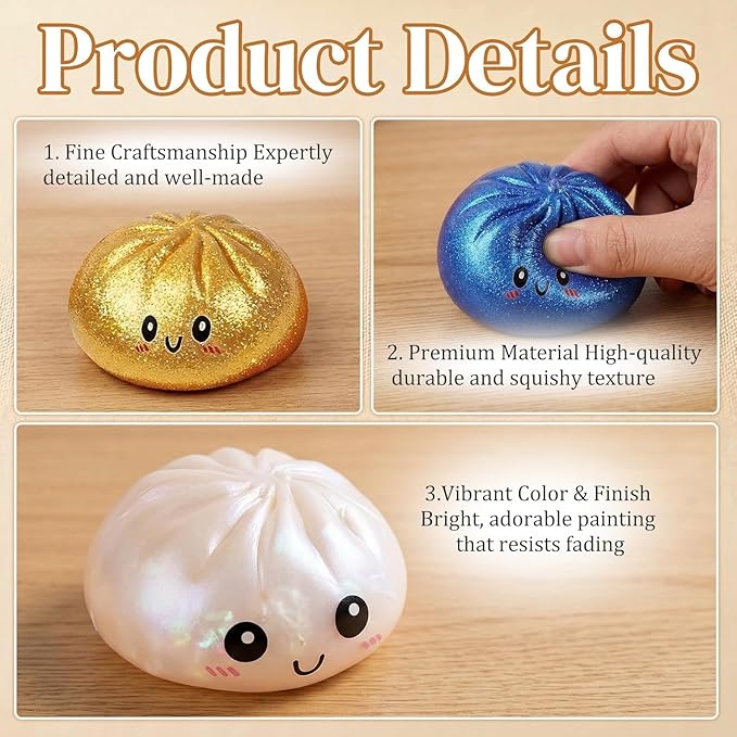 Glitter Dumpling Squishy Box, Dumpling Squishies, Sensory Squeeze Toy for Stress Relief, Soft Decompression Dough for Adults Office and Home Use (Red Emoji bun)