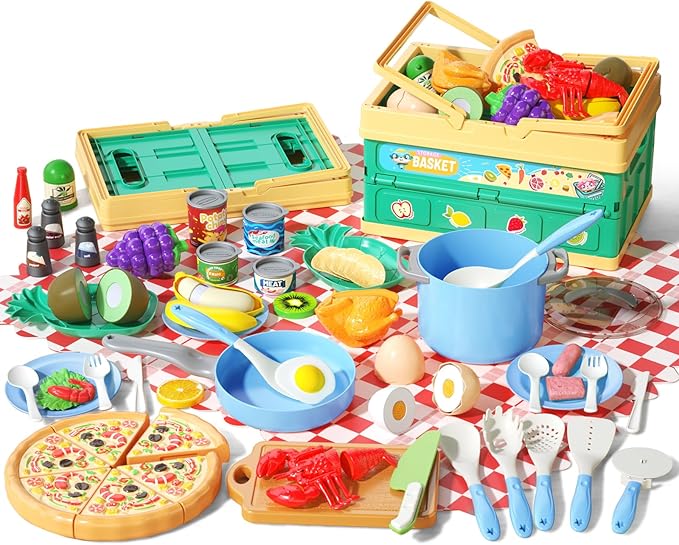 80Pcs Kitchen Playset, Toddler Pretend Cooking with Pots, Pans, Cookware, Food, Picnic Blanket, Fruits, Veges, Shopping Storage Basket, Dessert, Learning Gift for Girls Boys (Blue)