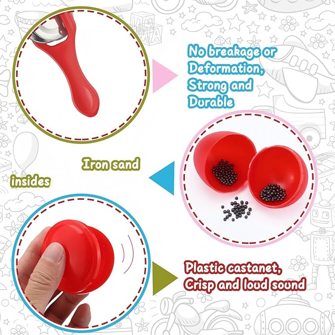 Silipull 108 Pcs Shaker Musical Instruments Set for Kids Early Music Learning Toy Bulk Egg Shaker Wrist Hand Band Bells Maracas Percussion Tambourine Cymbals Plastic Castanets for Preschool