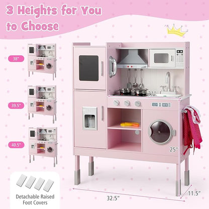 KOTEK Play Kitchen with Lights and Sounds, Wooden Toddler Kitchen Playset with Ice Maker, Washing Machine, Range Hood, 16 Pcs Toy Food & Cookware, Gift Chef Pretend Kitchen Set for Kids (Pink)