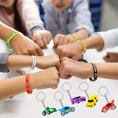 Aoriher 48 Pcs Race Car Birthday Party Favors Racing Rubber Bracelets and Car Theme Keychains Racing Party Goodie Bag Fillers Classroom Rewards for Girls and Boys Birthday Party Decoration Supplies