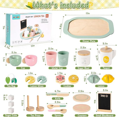 Toyssa Wooden Tea Party Set for Little Girls Toys Toddler Tea Set with Play Kitchen Accessories & Lemonade Stand & Black Board, Wooden Toys for Toddlers Aged 2 3 4 5 6, Birthday Kids Girls Gifts 3+