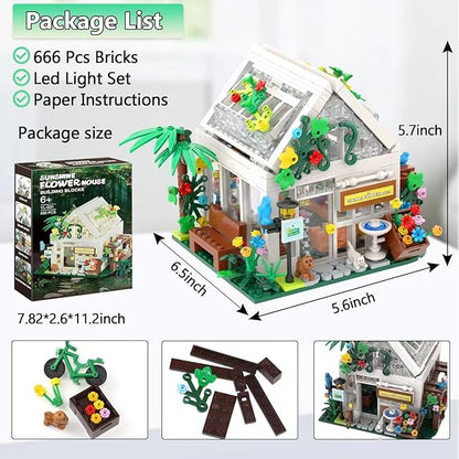 Flower House Building Blocks Set- Mini Garden Greenhouse,Flower Shop Building Kit with LED Lights,Creative Building Playset Toy,Valentines Day Gifts for Adults or Girls 6-12 Years