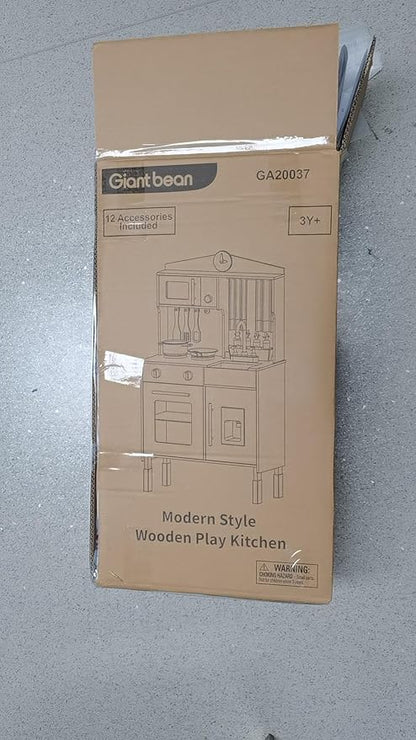 Giant bean Modern Style Play Kitchen Wooden Toy for Kids with Microwave Play Sink Ice Maker Oven Cookware Accessories Playset, Kitchen Set Pretend Play Food Toys for 3+ Year Old Toddler Boys Girls