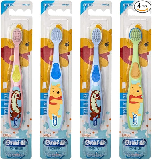 Oral-B Baby Manual Toothbrush, Pooh Characters, 0-3 Years Old, Extra Soft (Characters Vary) - Pack of 4