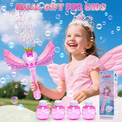 EagleStone Princess Bubble Wand for Kids Girls with LED Lights & Music, Fairy Bubble Machine Toy with 4 Bubble Solutions, Outdoor Bubble Toys for Toddlers Aged 3 4 5 6 7 8, Birthday Gift for Girls
