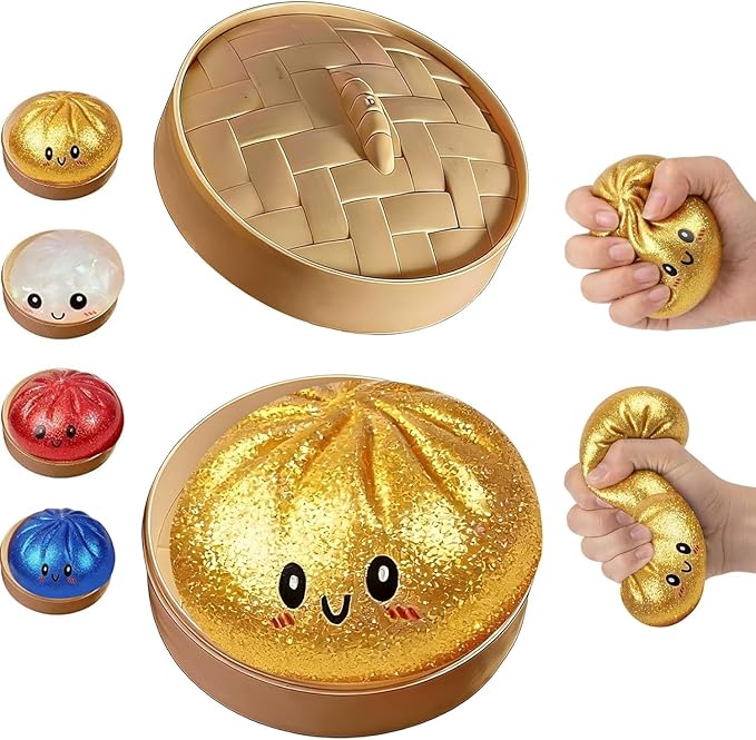Glitter Dumpling Squishy Box, Dumpling Squishies, Sensory Squeeze Toy for Stress Relief, Soft Decompression Dough for Adults Office and Home Use (Gold Powder Emoji bun)