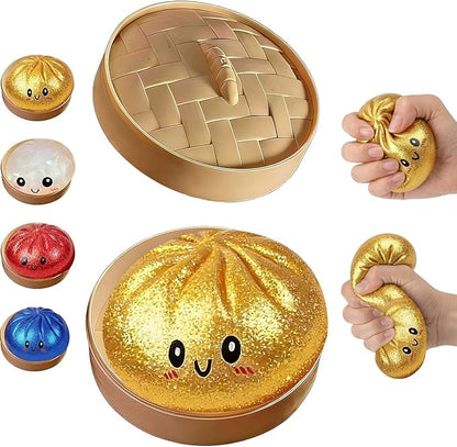 Glitter Dumpling Squishy Box, Dumpling Squishies, Sensory Squeeze Toy for Stress Relief, Soft Decompression Dough for Adults Office and Home Use (Gold Powder Emoji bun)