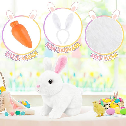 Realistic Bunny for Kids - Interactive Hopping Bunny Toy Set with Bunny Ears, Electric Lifelike Robot Rabbit that Move, Walking Barking and Wagging Tail Bunby Stuffed Animal with Sounds,White