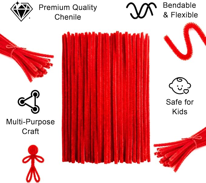 Red Pipe Cleaners Craft Bulk,Valentine's Day Gift,100Pcs Chenille Stems Hand Crafts,Flowers DIY Craft Supplies for Home/Christmas Arts and Crafts Decorations,Sensory Toys for Ages 8-13,Family Games