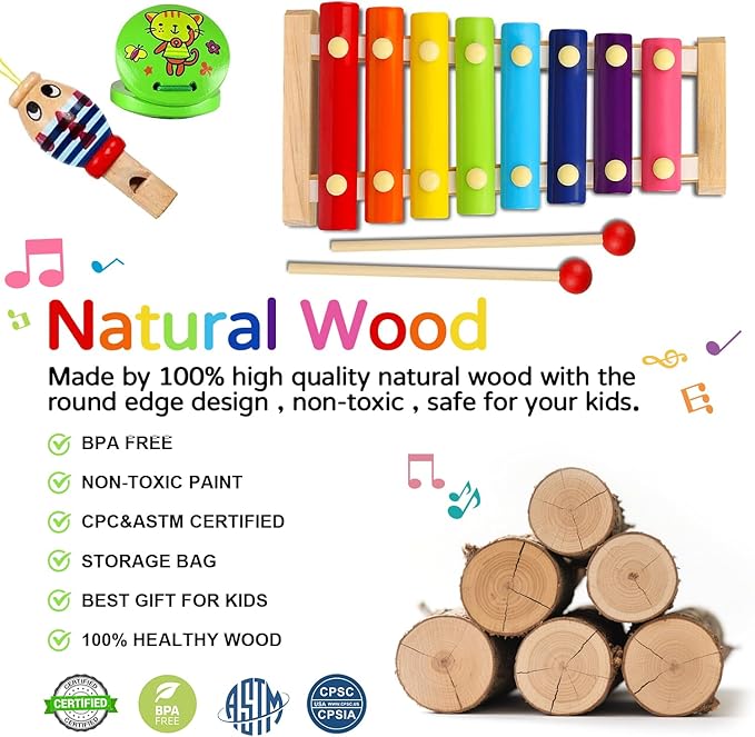 Kids Musical Instruments Set, 20 Pcs Toddler Wooden Percussion Instruments for Baby Children with Tambourine Xylophone Maracas, Preschool Musical Toys Set for Boys and Girls with Carrying Bag