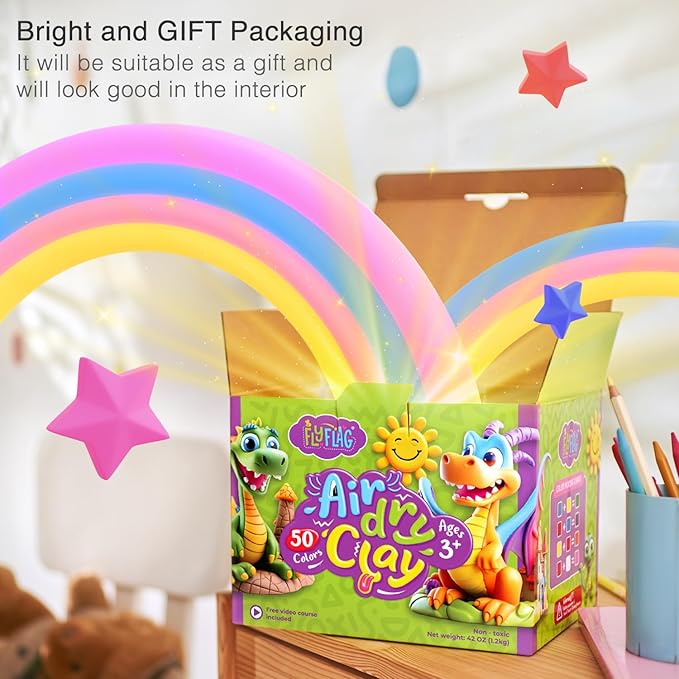 FlyFlag Air Dry Clay - 50 Colors, Soft & Ultra Light, Modeling Clay for Kids with Accessories, Tools and Tutorials