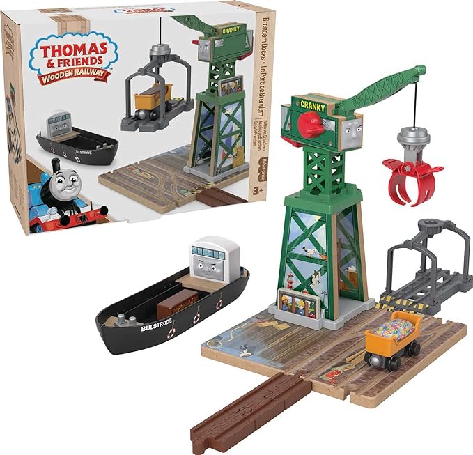 Thomas & Friends Wooden Railway Toy Train Set Brendam Docks Wood Playset with Cranky The Crane for Preschool Kids Ages 3+ Years (Amazon Exclusive)