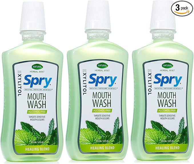 Spry Xylitol Mouthwash Fluoride Free with Enamel Support, Gentle, Natural Healing Herbal Mint - 16 fl oz (Pack of 3)