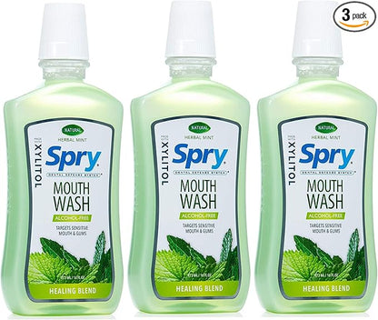 Spry Xylitol Mouthwash Fluoride Free with Enamel Support, Gentle, Natural Healing Herbal Mint - 16 fl oz (Pack of 3)