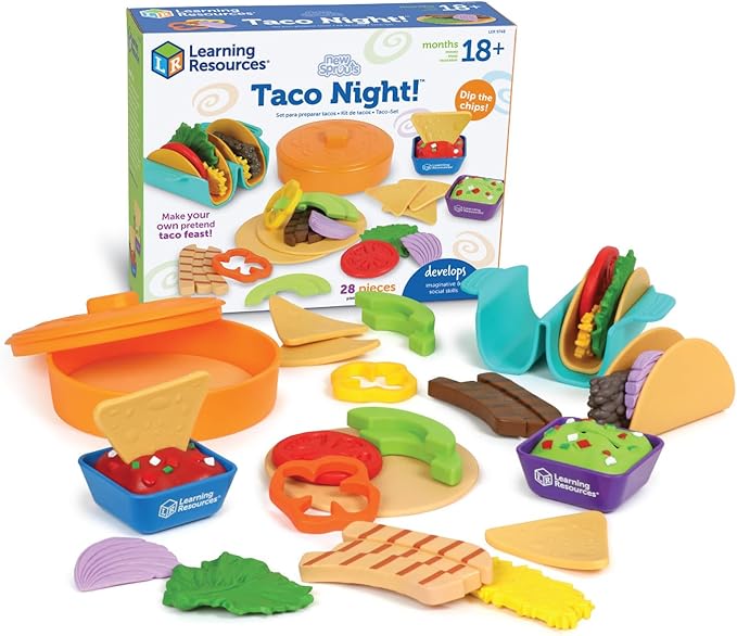 Learning Resources New Sprouts Taco Night! 28 Pieces - Play Food for Kids Ages 18+ Months, Grocery Store Pretend Play Toys, Play Kitchen Accessories
