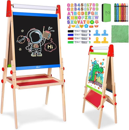 Joyooss Easel for Kids Easel, Wooden Easel Whiteboard & Chalkboard Easel, Foldable Height Adjustable Double Sided Toddler Art Easel Kids, Art Easel for Kids Age 4-8 9-12 Magnetic Board for Kids Easel