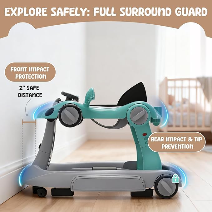 6 in 1 Foldable Baby Walker, Activity Baby Walker-Baby Bouncer, Rocker, Activity Center,Push Walker,Detachable Trampoline Mat, Adjustable Speed Rear Wheels and Height,Music & Lights,Ages 6-18 Months